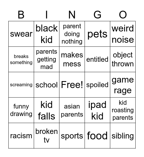 kids doing stupid things Bingo Card