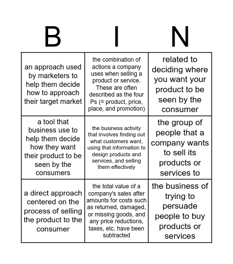 Unit 3: Marketing Bingo Card