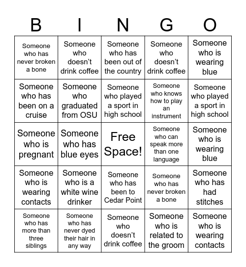 Bridal Shower Guest Bingo Card