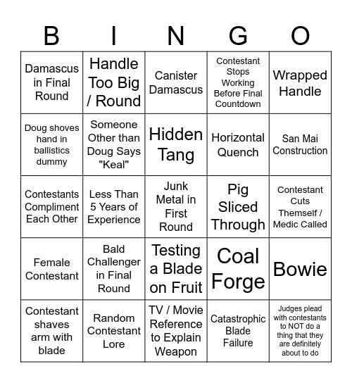 Forged in Fire Bingo Card