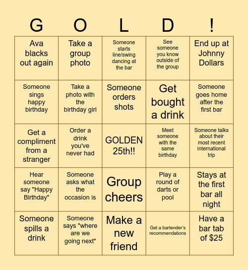 Ava's Golden Birthday!! Bingo Card