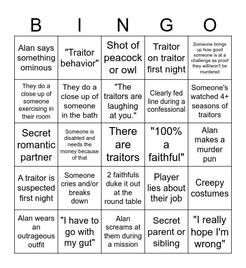 Traitor's Bingo Card