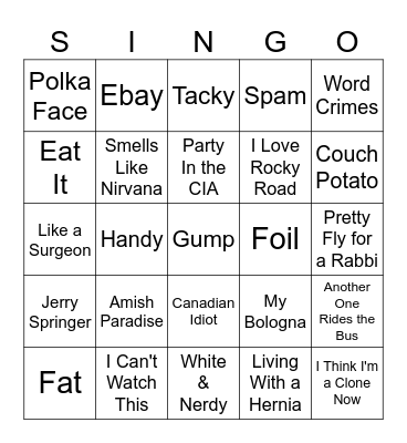WEIRD Al Yankovic Bingo Card