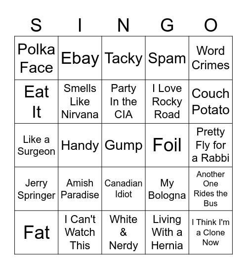 WEIRD Al Yankovic Bingo Card