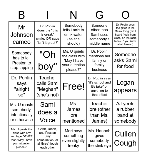 3rd Block Stats ASA Sophomore BINGO Card