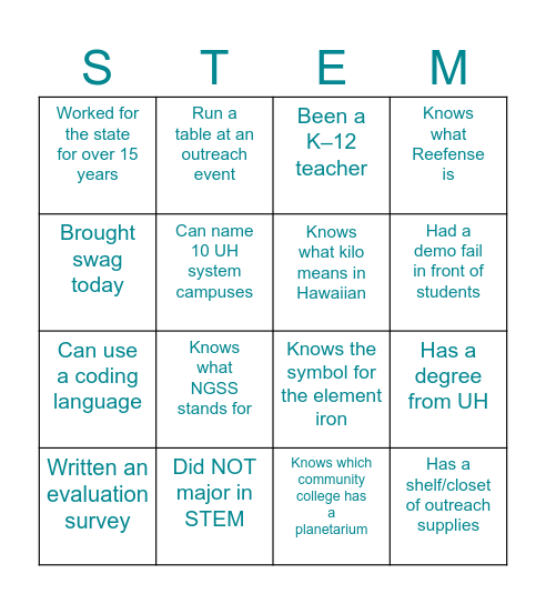 SEEK12 Bingo Card