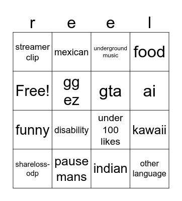 reel Bingo Card