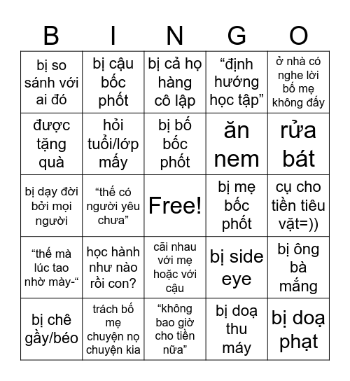 đi ăn cỗ Bingo Card
