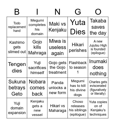 JJK Finale Bingo Card Bingo Card