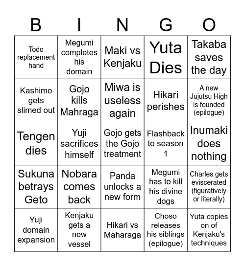 JJK Finale Bingo Card Bingo Card