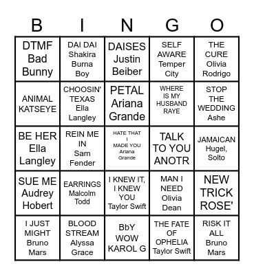 TODAY'S TOP HITS Bingo Card