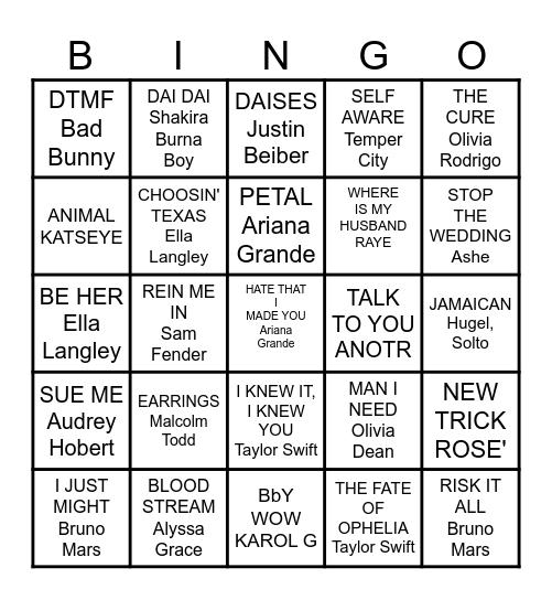 TODAY'S TOP HITS Bingo Card