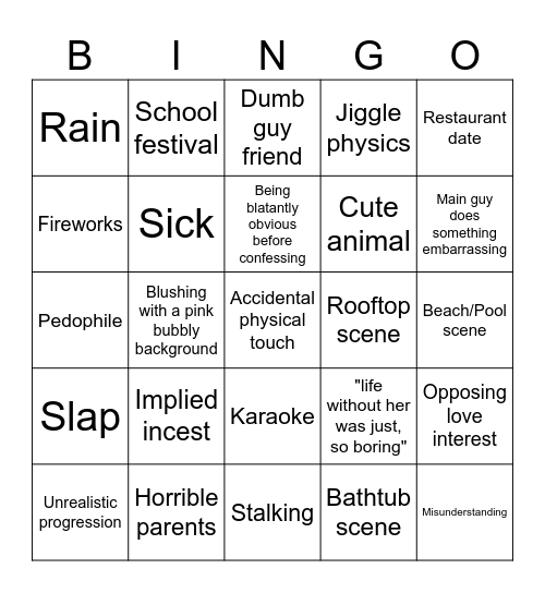 Romance Anime Bingo Card