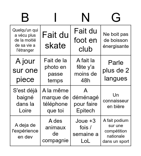 WEI Epitech 1 Bingo Card