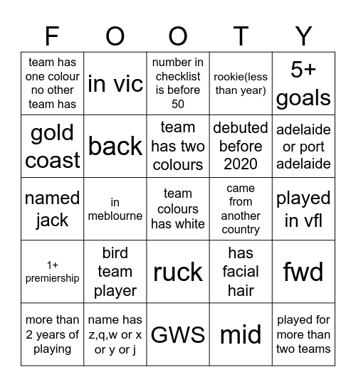 AFL BINGO Card