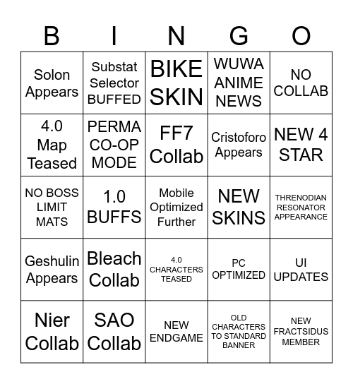 3.7 WUWA LIVESTREAM Bingo Card