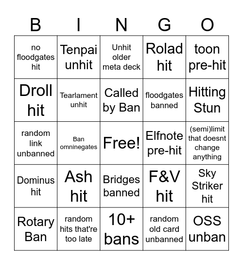 Banlist Bingo Card
