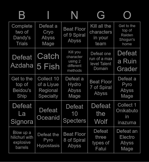 Genshin Lockout Bingo Card