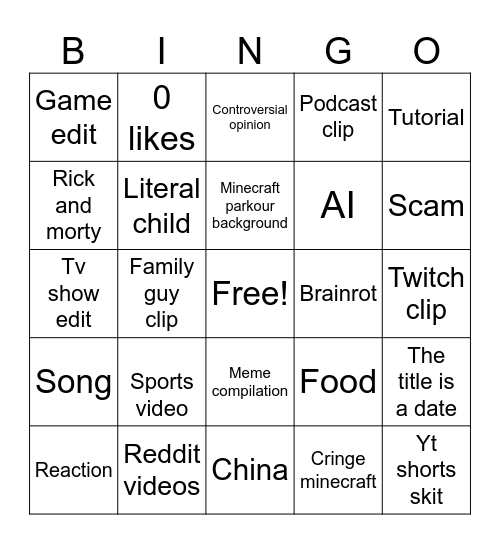 YouTube shorts Bingo Card