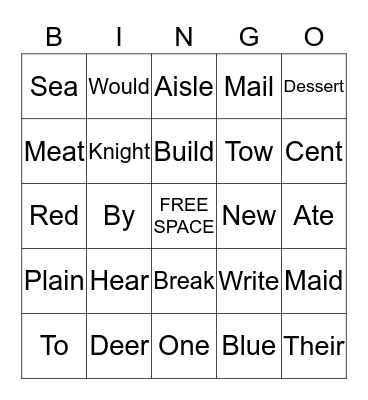 HOMOPHONE BINGO Card