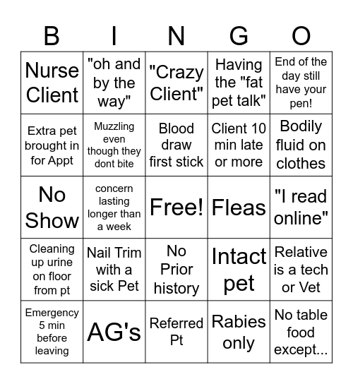 Vet Tech Bingo! Bingo Card