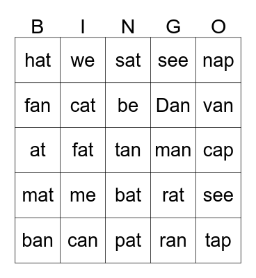 Word Family Bingo Card