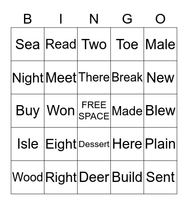 HOMOPHONE BINGO Card