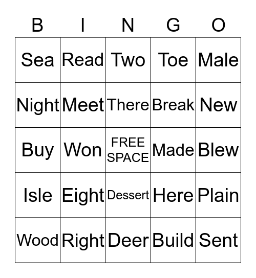 HOMOPHONE BINGO Card