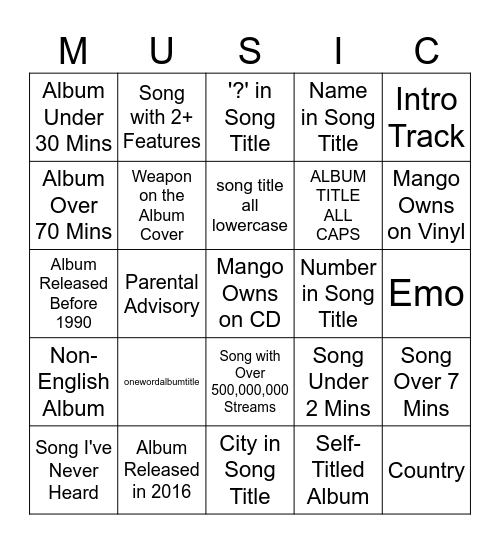 Music Bingo Card