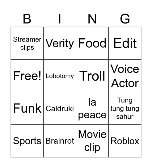 Shorts Bingo Card