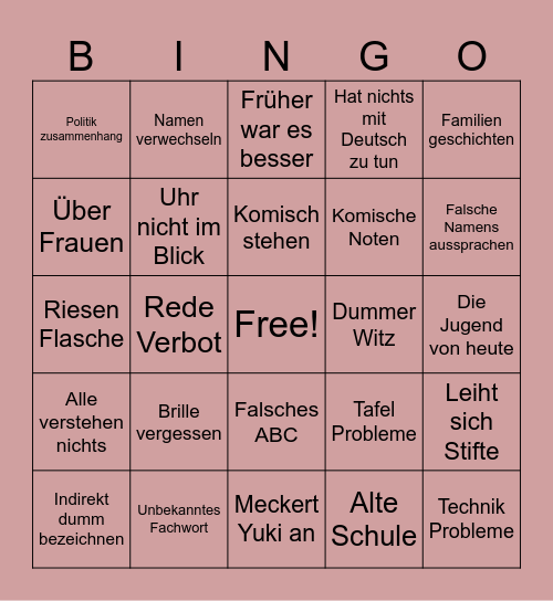 Deutsch Unterricht Bingo Card