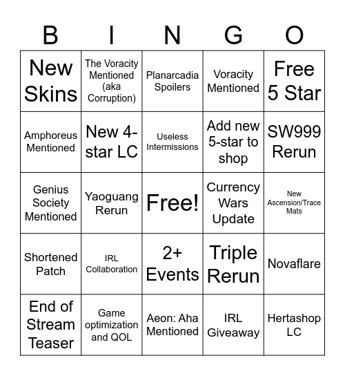 HSR 4.6 Bingo Card