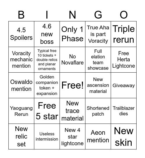 4.6 HSR Livestream Bingo Card