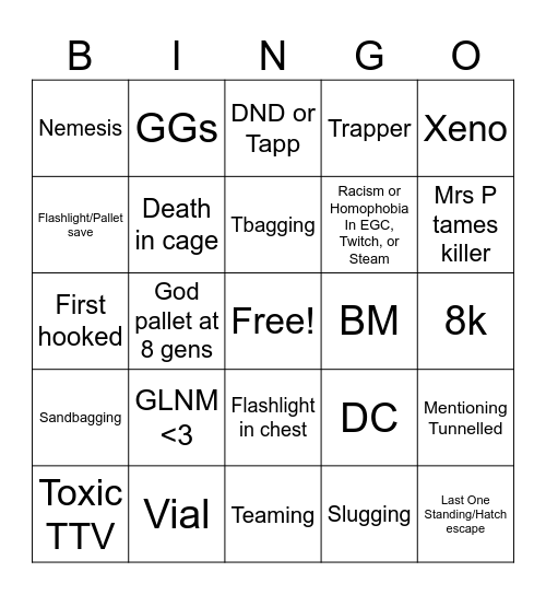Dead By Daylight Bingo Card