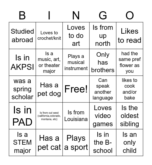 Sibling Bingo Card