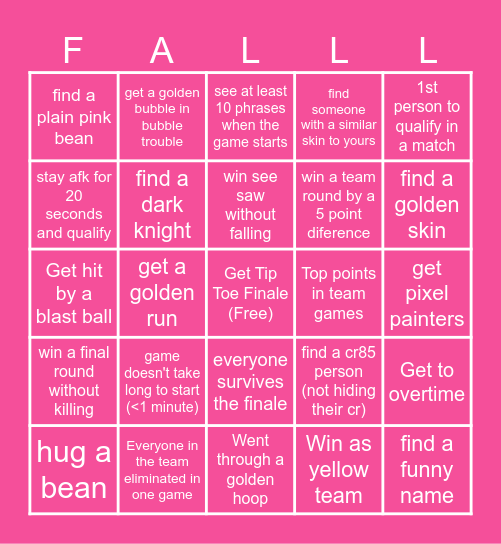 Fall Guys bingo fun fun epic awesome updated working 2026 Bingo Card