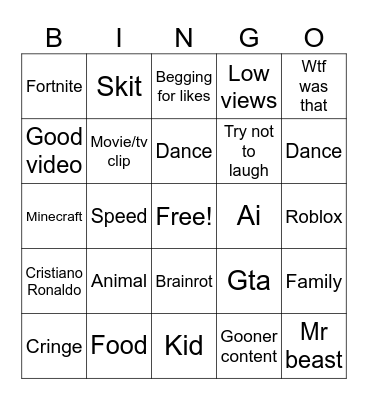 YouTube shorts bingo Card