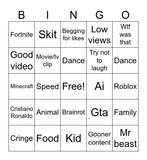YouTube shorts bingo Card