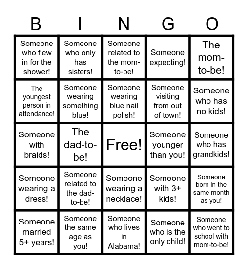 Baby Shower Bingo - Find the Guest Bingo Card