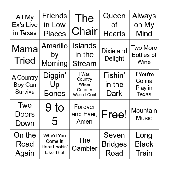 80's Country Bingo Card