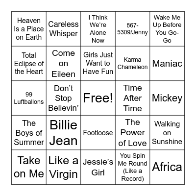 80s Pop Bingo Card