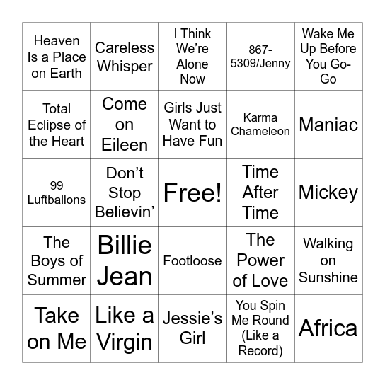 80s Pop Bingo Card