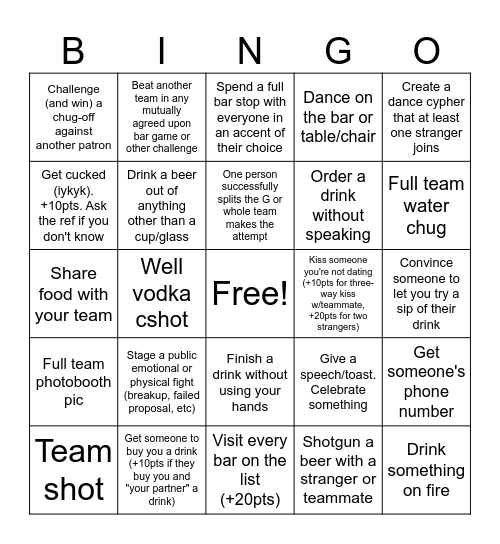 SF Bar Crawl Bingo Card