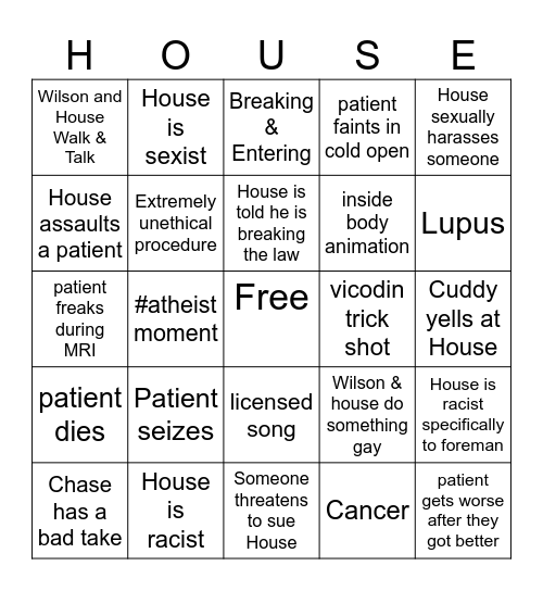 House M.D. Bingo Card