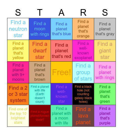 Space Engine Bingo Card