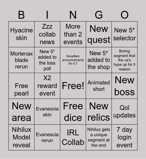 HSR 4.6 LIVESTREAM BINGO Card