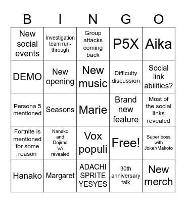 Persona 4 Revival Broadcast Bingo Card