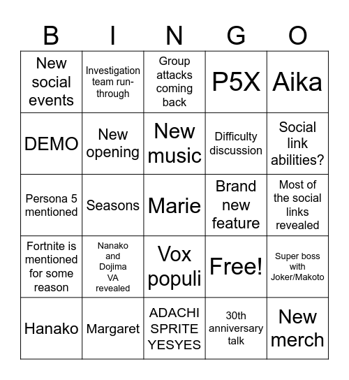 Persona 4 Revival Broadcast Bingo Card