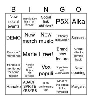 Persona 4 Revival Broadcast Bingo Card