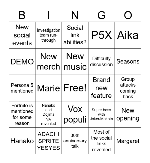 Persona 4 Revival Broadcast Bingo Card